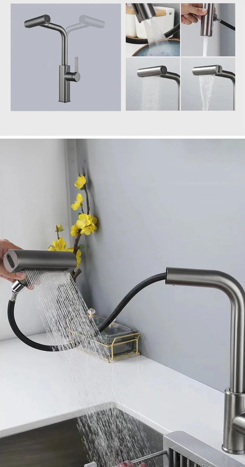Description Picture 4 of itemYCRAYS 4 Mode Black Kitchen Faucet Gray Pull Out Waterfall Stream Sprayer Head Sink Mixer Brushed Nickle Water Tap Accessories