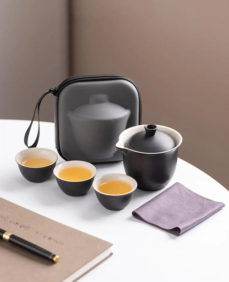 Description Picture 2 of itemCustom Portable Travel Tea Set High-end Japanese Tea Pot Teacup Storage Bag Suit Ceramic Tea Set One Pot Three Cups Home Teaware