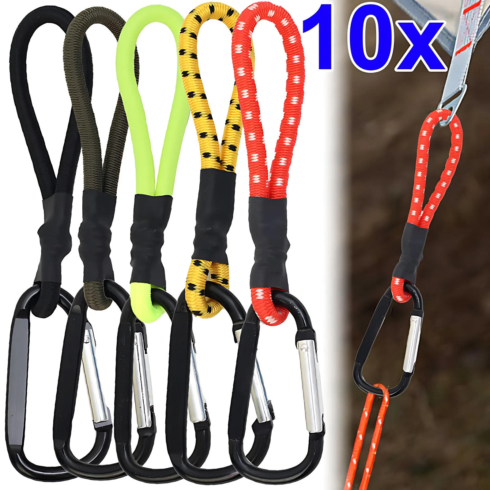 Description Picture 2 of item5/10pcs Tent Elastic Rope Cord Hook Versatile Outdoor Camping Canopy Tarp Tent Fixing Cord String Carabiner Hooks Accessories