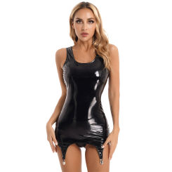 Women's Latex Garter Belt Bodycon Mini Dresses Wet Look Patent Leather Sleeveless Tank Dress Rave Party Nightclub Stockings Wear