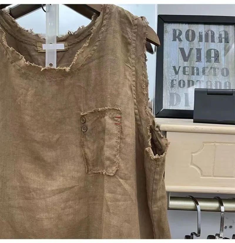 Description Picture 3 of item2024 Summer Cotton Hemp Vest Men Women Thin Loose Sleeveless Tank Top Japanese Stylish Solid Color Shade Stomach Camisole Vest