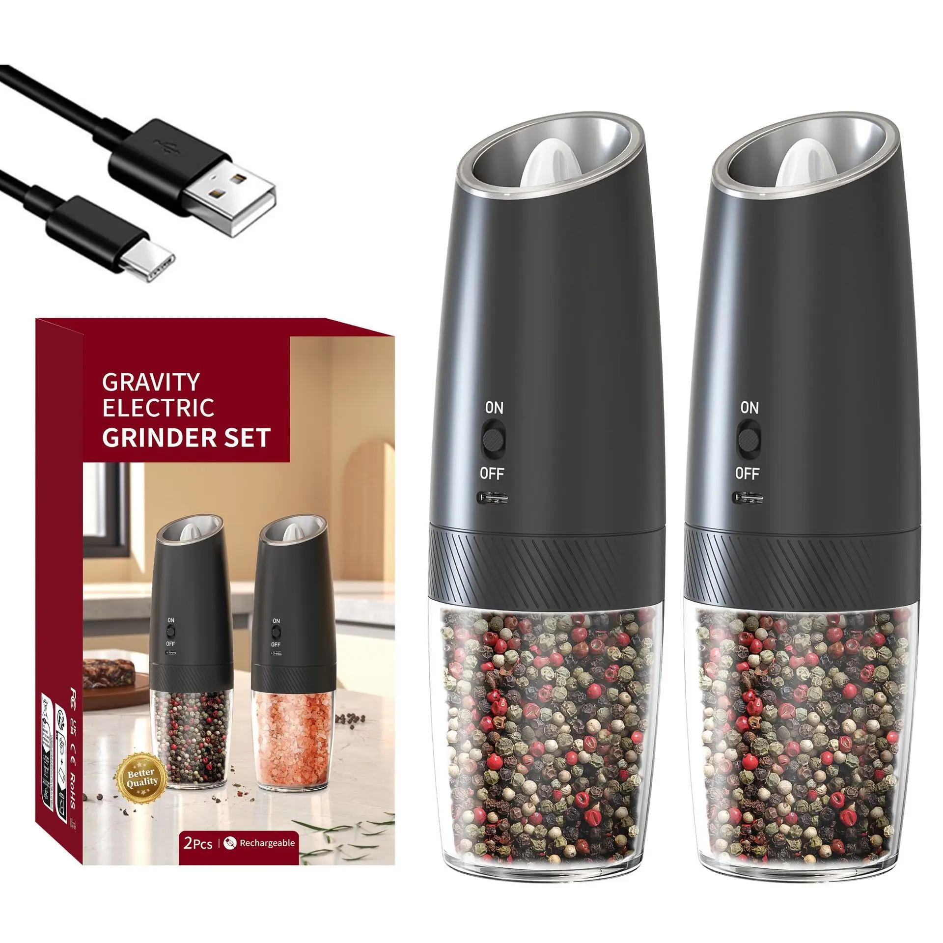 Description Picture 6 of itemElectric Automatic Salt and Pepper Grinder Set Rechargeable With Gravity Spice Mill Adjustable Spices Grinder Kitchen tools