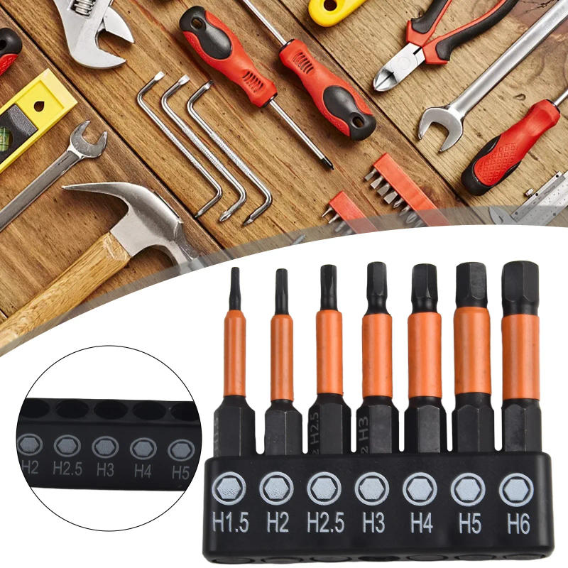 Description Picture 2 of itemBit Set Screwdrivers 7* Drill H1.5-H6 H3 H4 50mm Length 6.35mm Shank Hex Head Wrench Magnetic Material 1/4 Shank