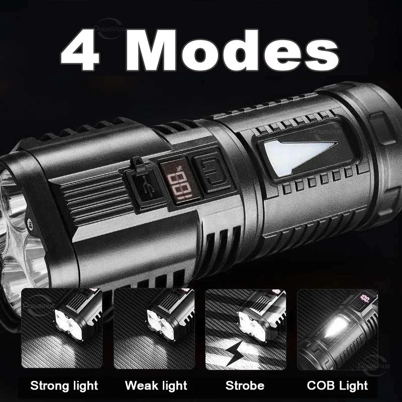 Description Picture 6 of item4LED High Power Flashlight With COB Light Super Bright Floodlight USB Rechargeable Type-c Flashlights Camping Fishing Lamp Torch
