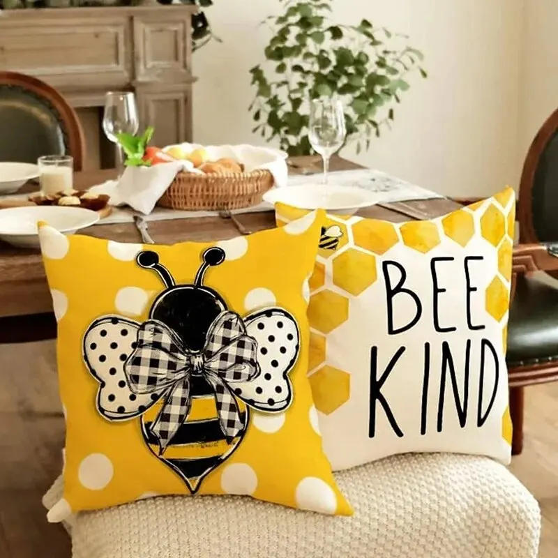 Description Picture 2 of item1pcs Set Bee & Letter Graphic Cushion Cover Without Filler Cartoon Cute Decorative Throw Pillow Case For Living Room Home Decor