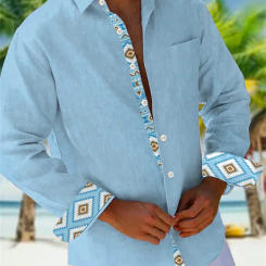 2024 Fashion Casual Outdoor Solid Color Floral Splicing Floral Pocket Shirt Long Sleeve Button Street Beach Men's Shirt Top 6XL