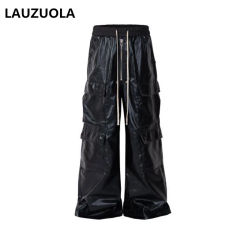 High Quality Luxury Casual Flared Glossy Coated Wide Leg Pants Black