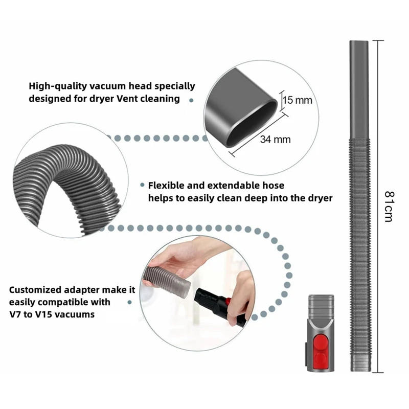 Description Picture 5 of itemDryer Vent Cleaning Kit For Dyson V15 V11 V10 V8 V7 Vacuum Cleaner Dryer Lint Remover Flexible Hose And Crevice Tool