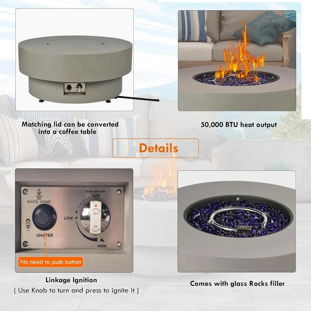 Description Picture 6 of itemPropane Outdoor Fire Pit Table, Flint & Concrete Look 33-inch Round Patio Gas Fire Table 50,000 BTU w/Lid, Fire Glass