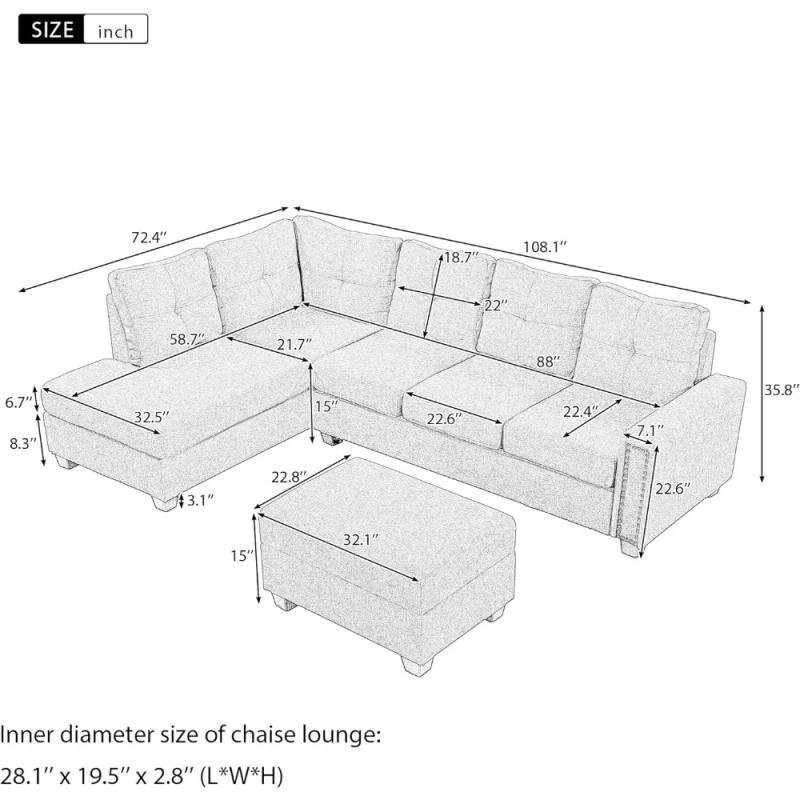 Description Picture 3 of itemL Shape Modular Storage Ottoman & Chaise, Comfy Oversized Corner Sofa Cup Holder,Fabric Living Room Furniture Couch Sets