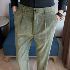 Autumn Winter Men Corduroy Suit Pant Elastic Waist Woolen Trousers Fashion Business Office Slim Fit Casual Woolen Dress Pants