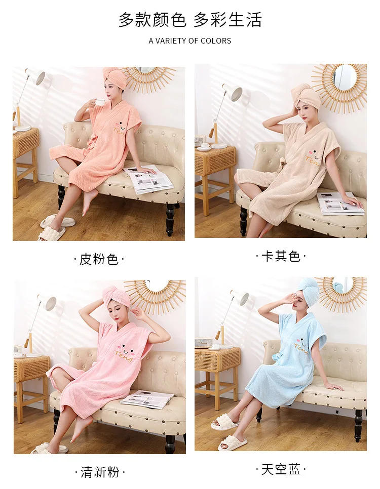 Description Picture 6 of itemNew Pineapple Bathrobe Women Can Wear Bath Towels Coral Plush Thickened Household Cross Strap Bath Skirt Dry Hair Hat