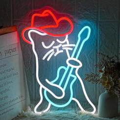 Cowboy Guitar Cat Neon Light Sign Dimmable LED Neon Sign For Wall Decor Party Man Cave Club Bar Room Decor Birthday Art Gift ﻿