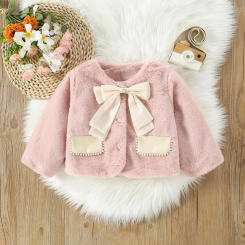 Baby Girl Jacket Winter Solid Color Bow Round Neck Long Sleeved Girl Tops Cute And Plush Thick Baby Girl Jacket Baby Clothing