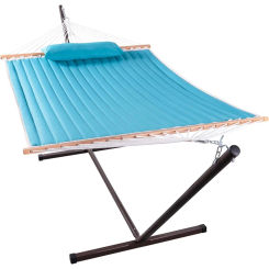 12ft Outdoor Quilted Hammock for 2 Persons Garden Furniture Pillow and Spreader Bar Comes With Heavy Duty Stand Poolside Gardens
