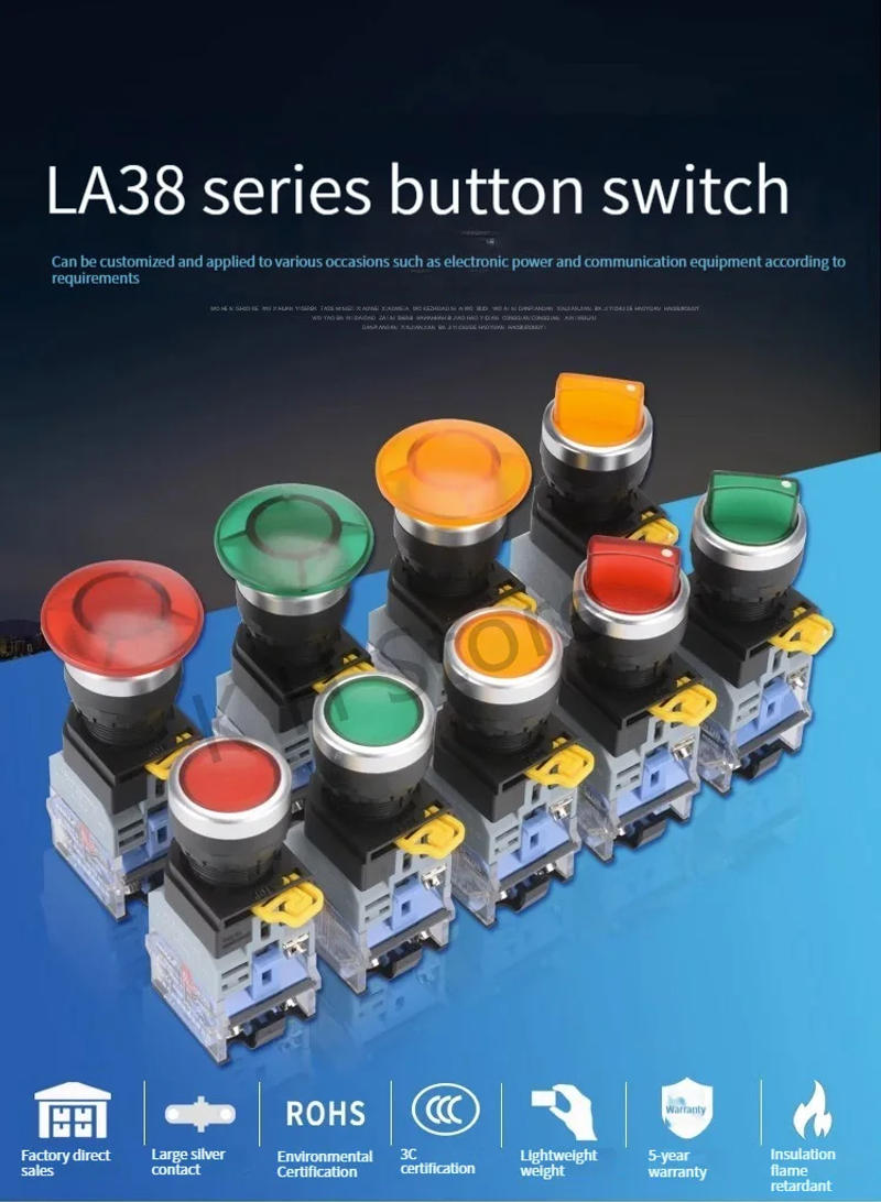 Description Picture 2 of item22mm LA38 illuminated Pushbutton Switch Self-Locking Reset Flat Head Jog Switch 24 220V Red Green Start Mushroom Knob With light