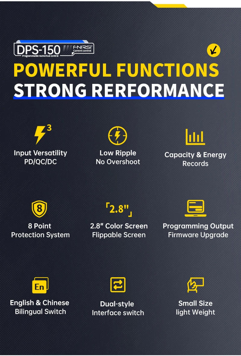 Description Picture 3 of itemFNIRSI DPS-150 Programmable CNC DC Power Supply 30V 5A Adjustable Voltage Laboratory Switching Type-C Regulated Power Supply