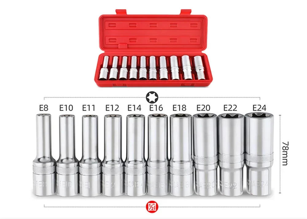 Description Picture 5 of item1/2" 3/8" 1/4" Drive E4-E24 Repair Tool Socket Wrench Head Sleeve 9/10/14/17Pcs E Bit Sockets Set Hand Tool Kit Torx Star Female