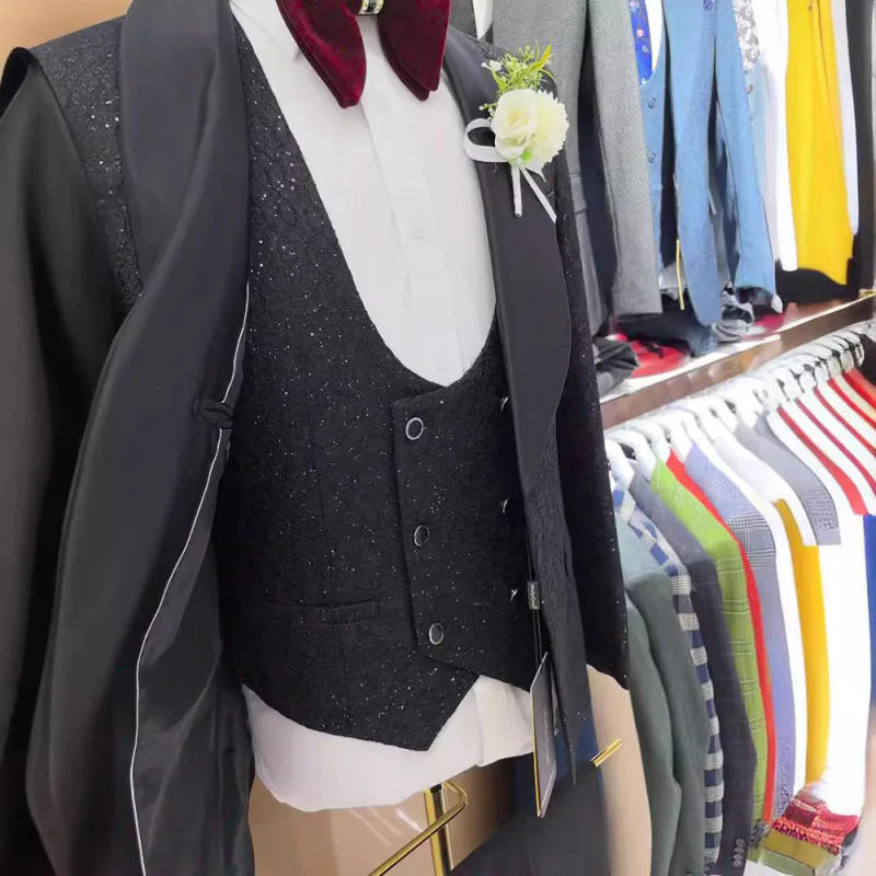 Description Picture 6 of itemWhite Wedding Suits for Men Jacquard One Button Black Shawl Lapel Elegant Groomsmen 3 Piece Jacket Pants Vest Slim Fit Full Sets