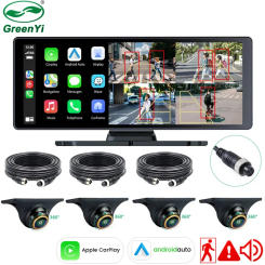 GreenYi 4CH Blind Spot BSD Alarm Wireless Apple Carplay GPS Android-Auto 9'' Car DVR Record Monitor With 4 AHD1080P Mini Camera