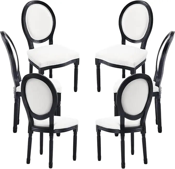 Description Picture 4 of itemBlack White Linen Dining Chairs Set of 6, Upholstered Dining Room Chairs with Round Rattan Back Vintage Accent