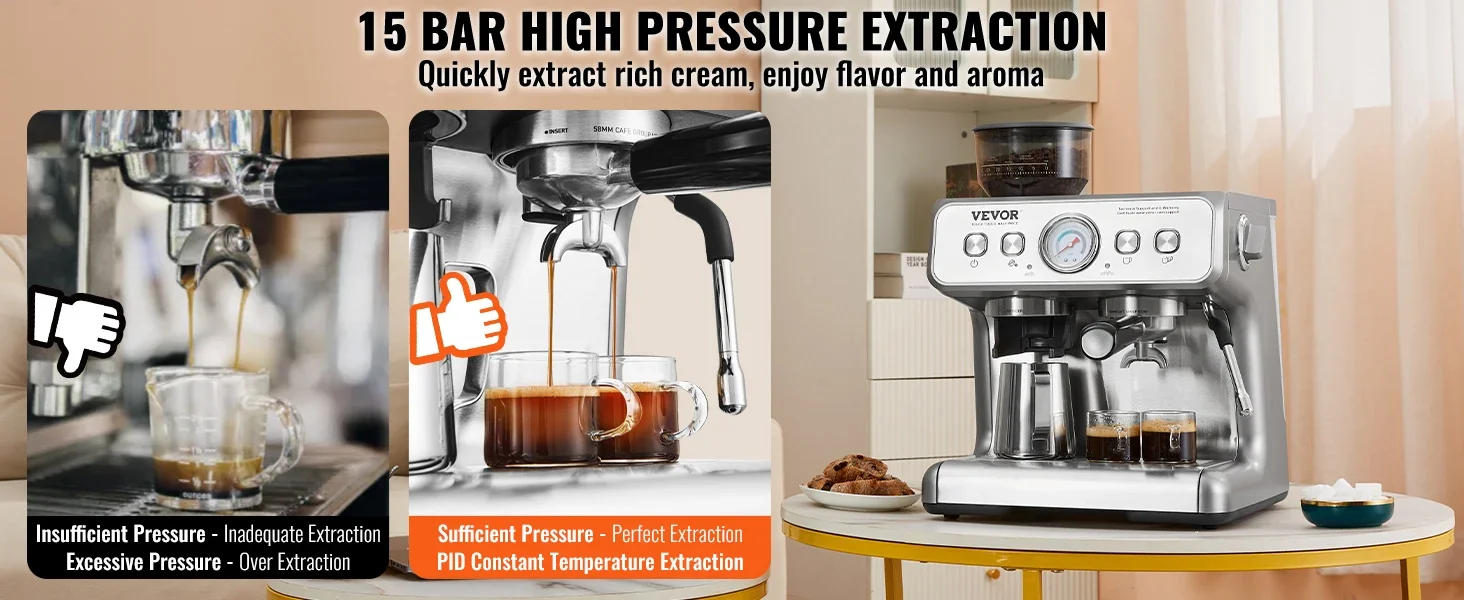 Description Picture 5 of itemMachine- Built in Grinder, 15 Bar Semi-Automatic Espresso Coffee Maker & Milk Frother Steam Wand for Latte and Ca