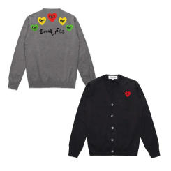 Break Egg Men Cardigan Heart Glasses Embroidery Back Multiple Colorful Heart Print Cotton V-neck Single-breasted Casual Sweater