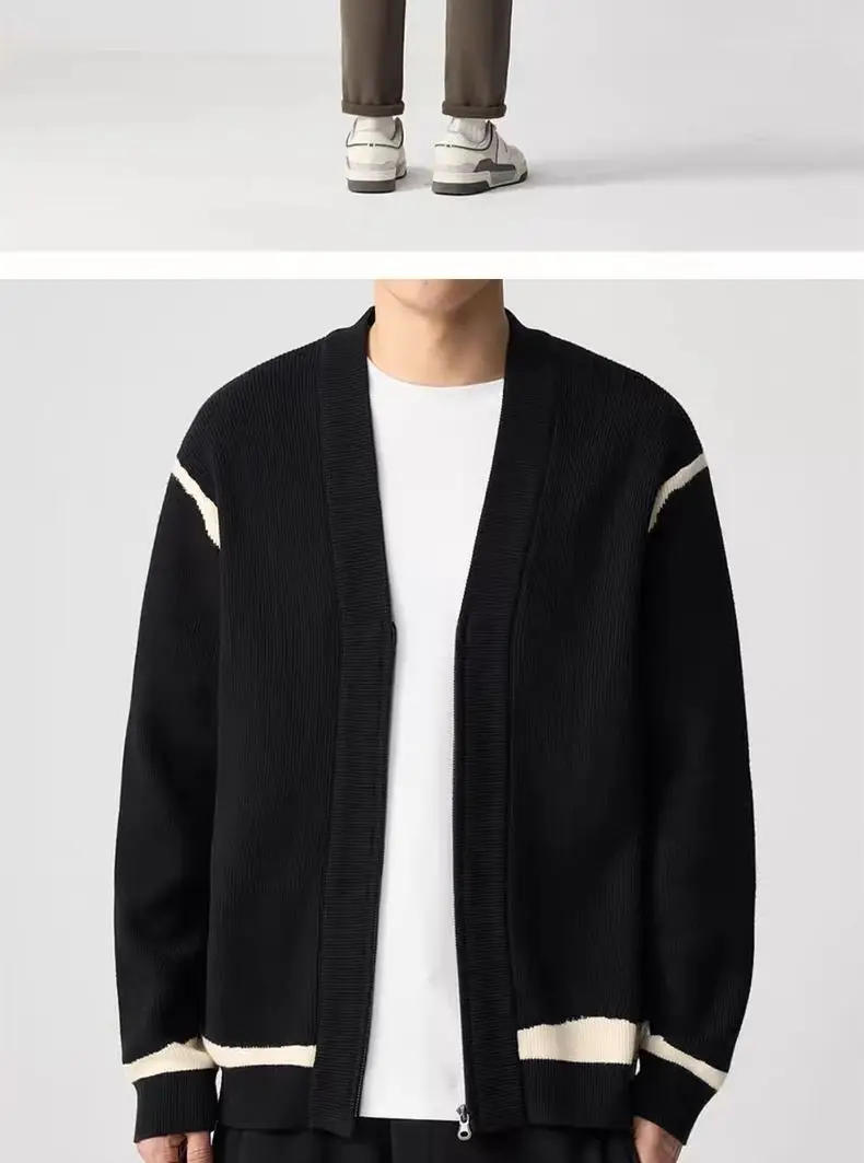 Description Picture 6 of itemAutumn Winter V-neck Contrasting Color Sweater Cardigan Men's Warm Loose Casual High Street Sweaters Men Tops Male Clothes