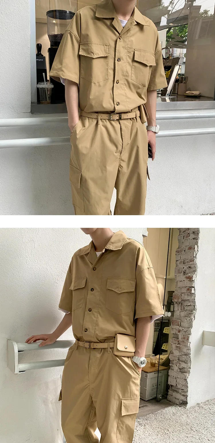 Description Picture 2 of itemMale Fashion with Leather Belt Bag Men Cargo Overalls Streetwear Korean Rompers Pockets Short Sleeve Button Jumpsuits Women Men