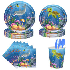 8pcs Under The Sea Disposable Tableware Cartoon Turtles Fishes Paper Plate Napkins Cups Happy Ocean Animal Birthday Party Decor