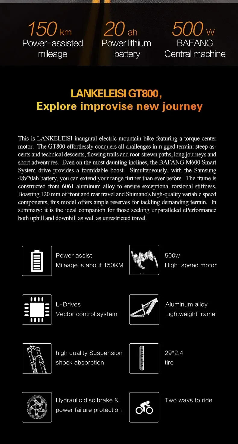 Description Picture 4 of itemLANKELEISI GT800 Electric Bicycle 500W Motor 48V 20AH Battery 29Inch Electric Bike Max Speed 40km/H Off-Road Mountain Snow Ebike