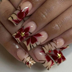 24pcs long square false nail painting red flowers, sexy mature leopard print design, press on nails, suitable for women,reusable