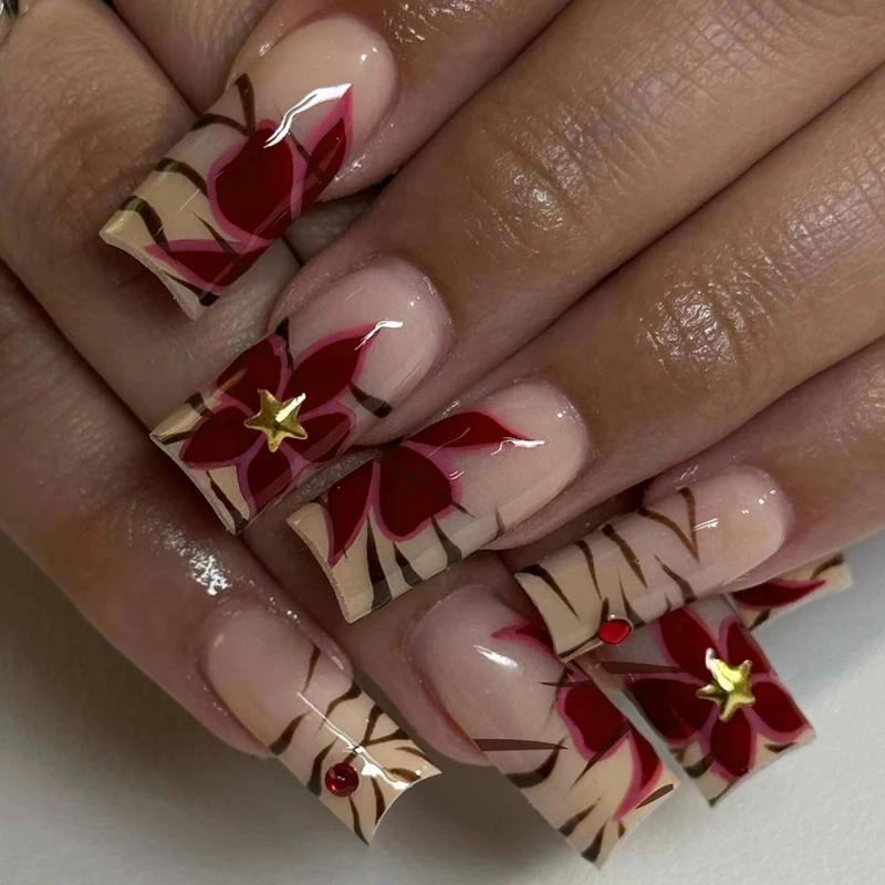 Description Picture 3 of item24pcs long square false nail painting red flowers, sexy mature leopard print design, press on nails, suitable for women,reusable