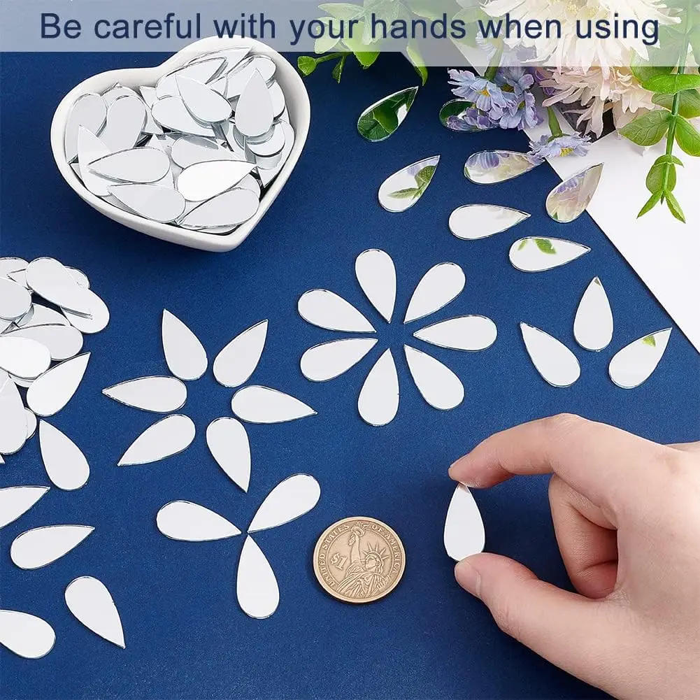 Description Picture 4 of item100pcs Teardrop & Leaf Shape Craft Mirror Stickers Acrylic Self-adhesive Mini Mirror Tiles DIY Art Wall Door Home Decorations