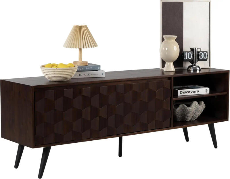 Description Picture 6 of itemGeorgina 65 Inch Solid Wood TV Stand, Under 10 Minutes Assembly Entertainment Center with Storage, Geometric Pattern TV