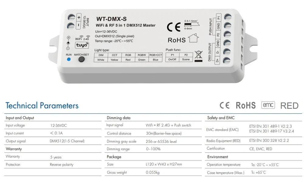 Description Picture 5 of itemWT-DMX-S 5 in1 Tuya WiFi RF DMX512 Master 5CH DMX Signal Output and RT5 Push Dimming Voice Smart Control 4Zone remote Controller