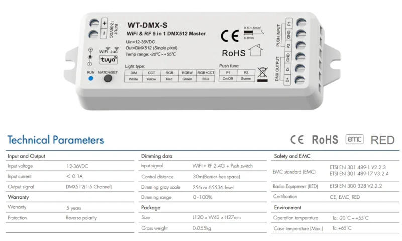 Description Picture 5 of itemWT-DMX-S 5 in1 Tuya WiFi RF DMX512 Master 5CH DMX Signal Output and RT5 Push Dimming Voice Smart Control 4Zone remote Controller