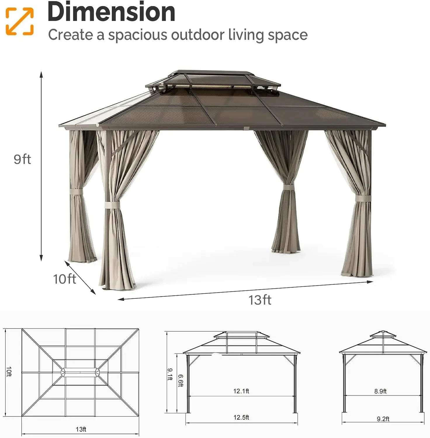 Description Picture 4 of item10’ x 12’/10’ x 13’ Outdoor Hardtop Gazebo Polycarbonate Double Roof Canopy Aluminum Frame Pavilion with Curtains