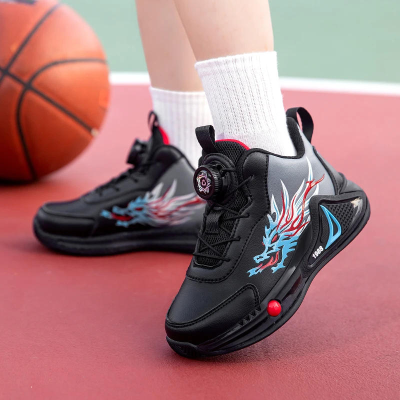 Description Picture 6 of itemChildren's Basketball Shoes Anti Slip New Leather Sports Shoes Rotating Buckle Cushioning Wear-resistant Casual Shoes for Kids
