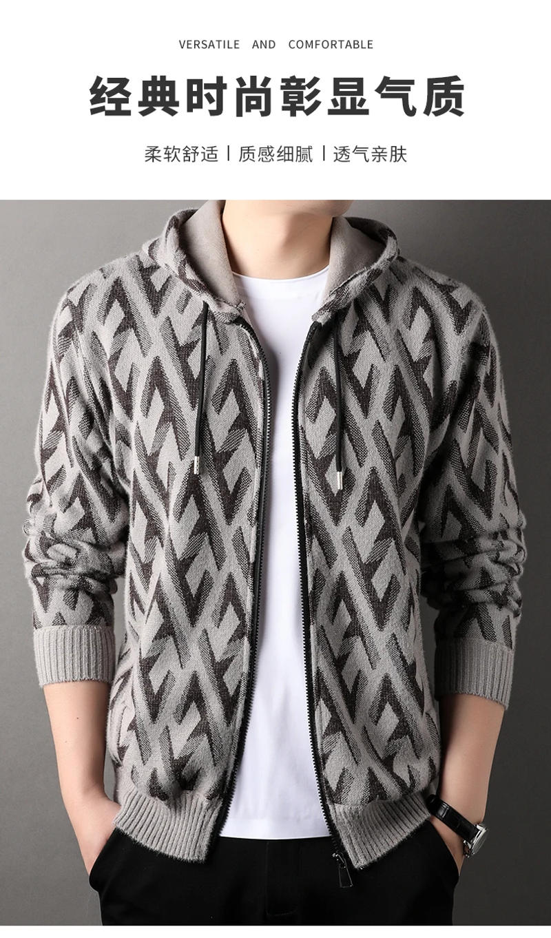 Description Picture 2 of item2024 Men's Clothing Autumn Winter Knit Jackets Printed Mink Wool Fleece Thick-knit Warm Hooded Coat Mens Sweater Cardigan Coat
