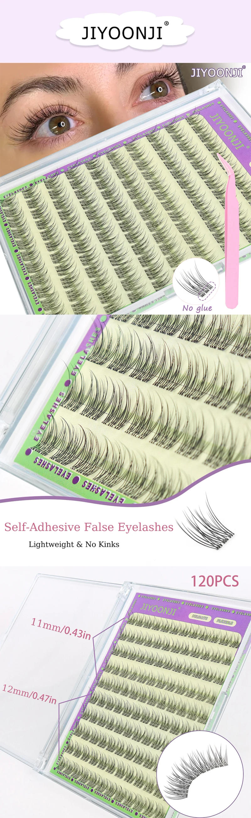 Description Picture 2 of item120PCS Natural Self Adhesive Eyelashes Clusters Reusable Wispy Cluster eyelashes Extension No Glue Needed With Tweezers 11/12MM