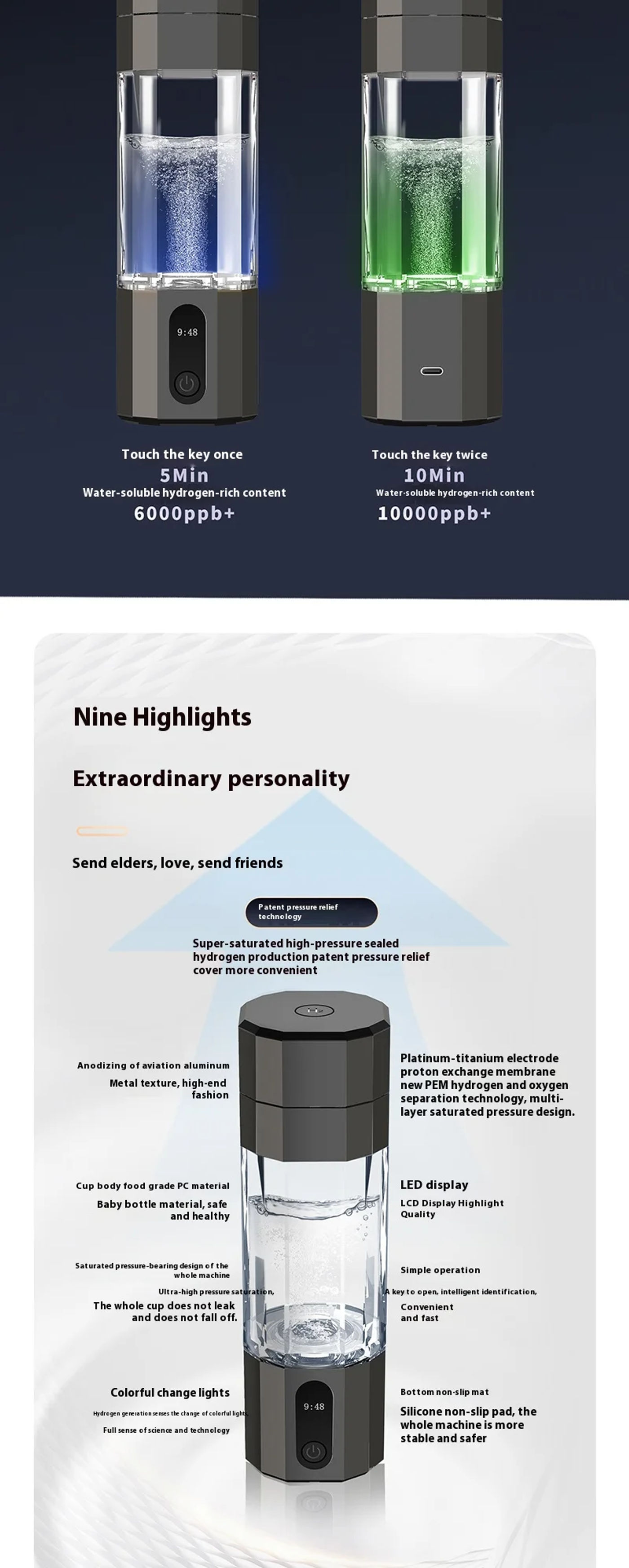 Description Picture 5 of itemHigh Quality 6000-8000PPB Hydrogen Rich Water Bottle Cup Portable USB Powered Hydrogen Water Generator for Household Use