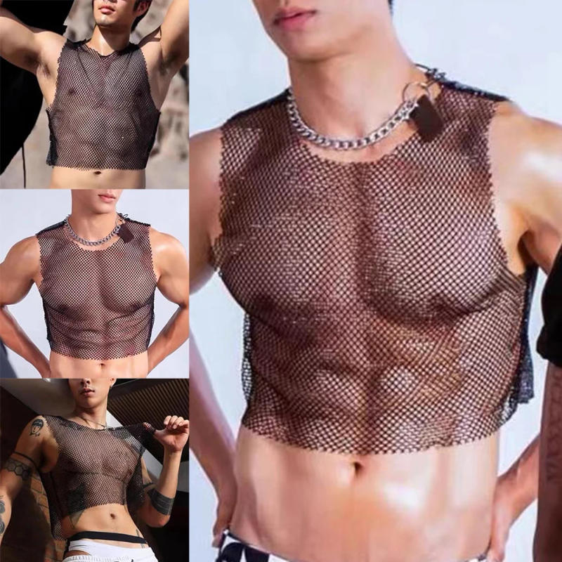 Description Picture 2 of itemDaily Holiday Vest Tank Top Casual Leisure Men Mesh Nightclub Costume O Neck Party Sleeveless Vest Solid Color