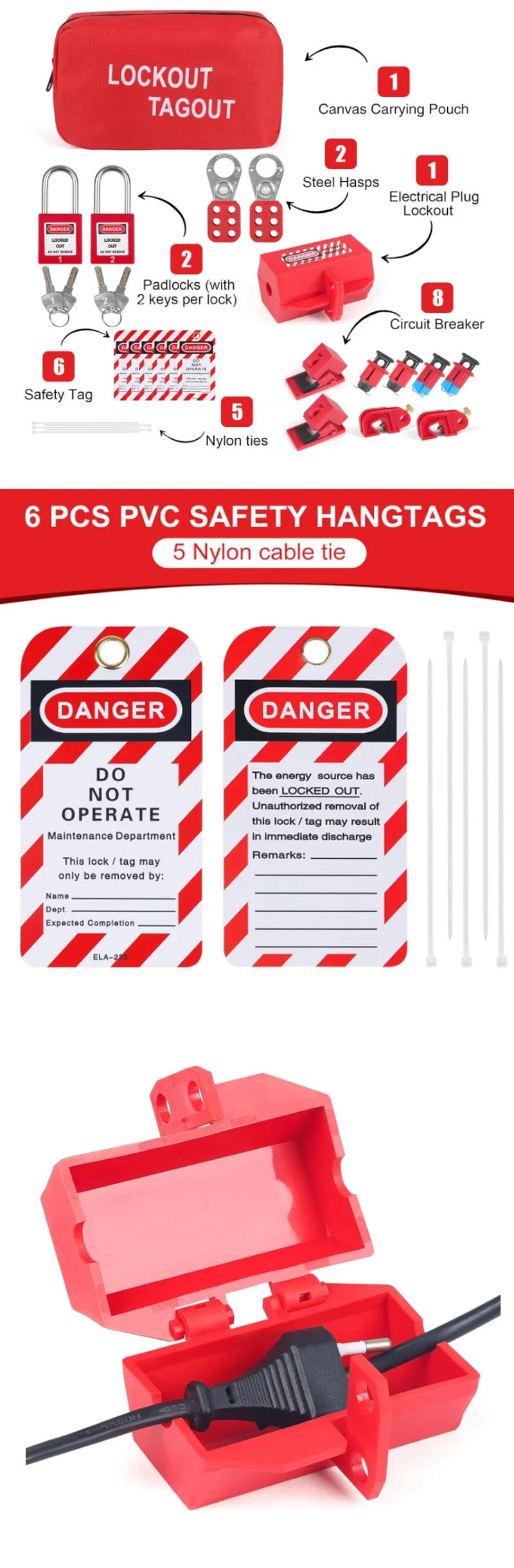 Description Picture 3 of itemLockout Tagout Kit - Safety Lockout Padlocks Loto Hasps Lockout Tagout Tags Loto Locks Set Electrical Lock Out Tag Out Kits