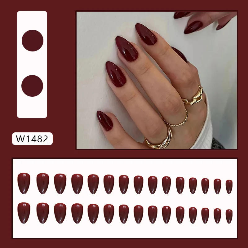 Description Picture 4 of item24Pcs Mid-length Press on False Nails Wearable Full Cover Nail Tips Pink Silver Solid Color Simple Wine Red Fake Nail with Glue