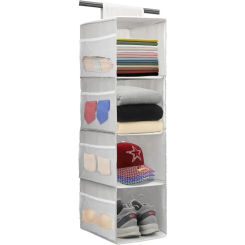 Simple Houseware Hanging Closet Organizers Storage Gray Foldable 4 Shelves Closet Hanging Storage Shelves with Mesh Pockets