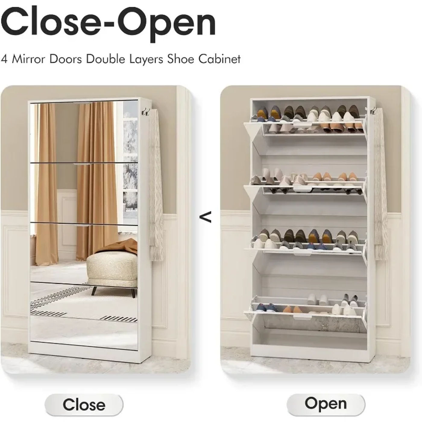 Description Picture 3 of itemMirror Shoe Cabinet with 4 Flip Drawers, Wooden Shoe Organizer with 4 Tier for Small Spaces, Full Length Mirror Shoe Rack