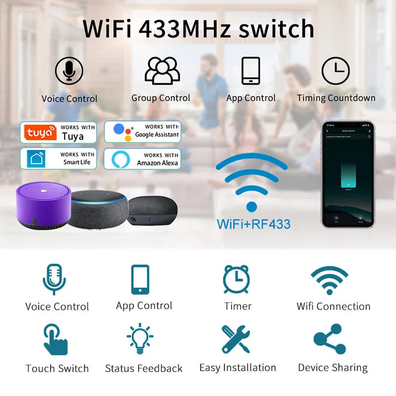 Description Picture 3 of itemTuya WiFi Smart Light Switch US 120 Type Wall Touch Panel Without Neutral Single Fire Work with Alexa Google Home 1/2/3 Gang