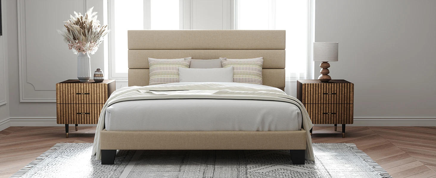 Description Picture 5 of itemKing Size Navy Blue Platform Bed Frame with Fabric Upholstered Headboard and Wooden Slats Support, Fully Upholstered Mattress