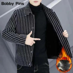 Casual Business Short Trench Coat Social Streetwear Overcoat 2023 Autumn Winter Striped Wool Blends Jacket Men Plush and Thicken
